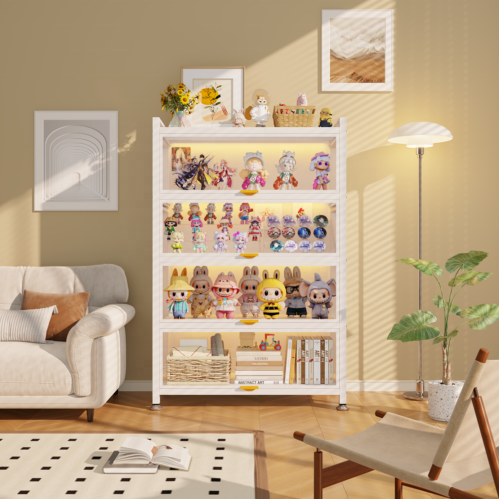 5-Tier Glass Door Display Cabinet with Adjustable Shelves Freestanding Modern Living Room Furniture Durable Steel Construction