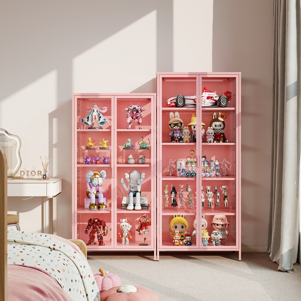 Modern Display Storage Cabinet Glass Door Metal Curio Cabinet 5 Adjustable Shelves HD Tempered Glass Living Room Display Case
