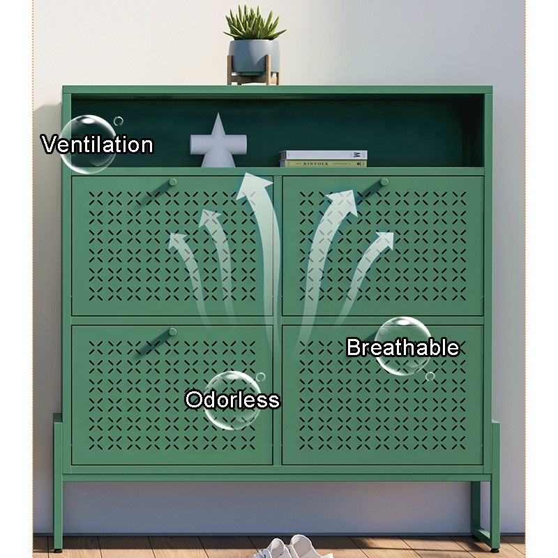 Modern Living Room Shoe Storage Cabinet 4 Flip Doors Freestanding Metal Legs Space-Saving Narrow Design Durable School