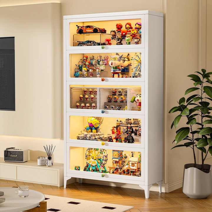 72" Modern Glass & Metal Display Cabinet with 5-Tier Adjustable Shelves Space-Saving Tall Storage for Living Room and Hotel Use