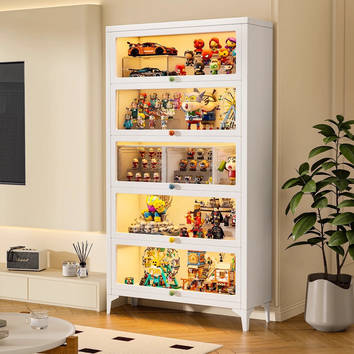 Modern 5-Tier Display Cabinet with Glass Doors Living Room Curio Cabinet for Collectibles Glass Display Case & Bookcase Shelves