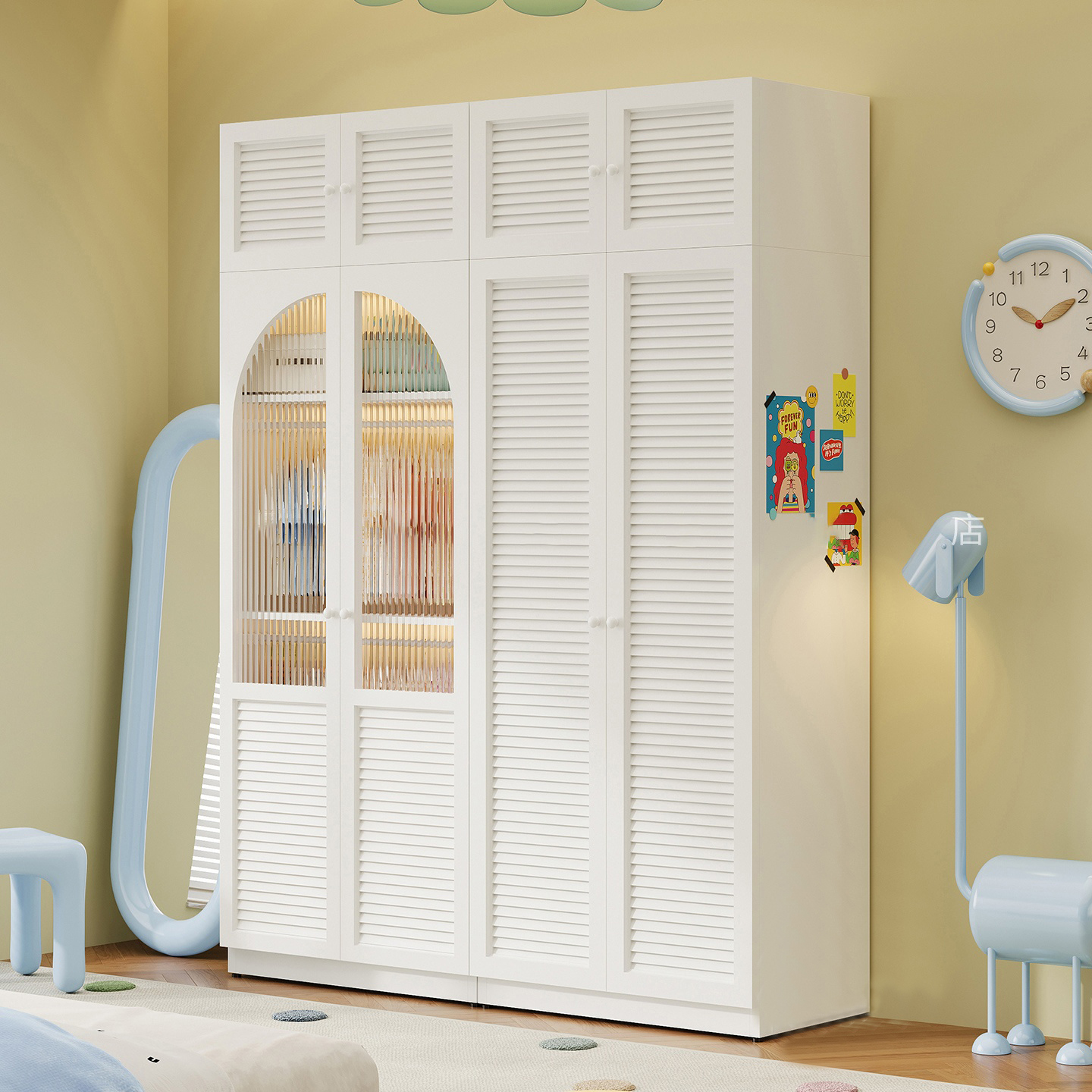 Steel Wardrobe Closet 4 Doors Modern Bedroom Armoire Freestanding Clothes Storage Adjustable Space-Saving Large Capacity Hanging