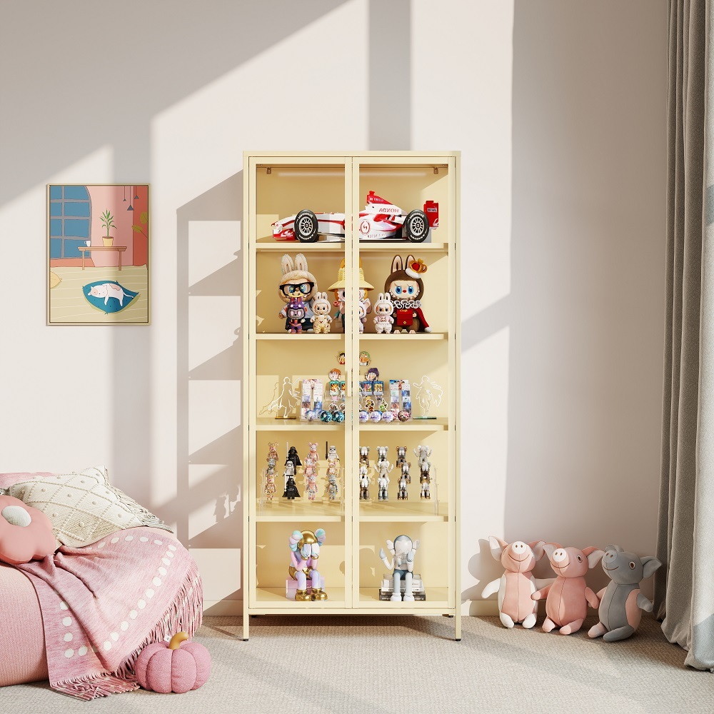 Modern Display Storage Cabinet Glass Door Metal Curio Cabinet 5 Adjustable Shelves HD Tempered Glass Living Room Display Case