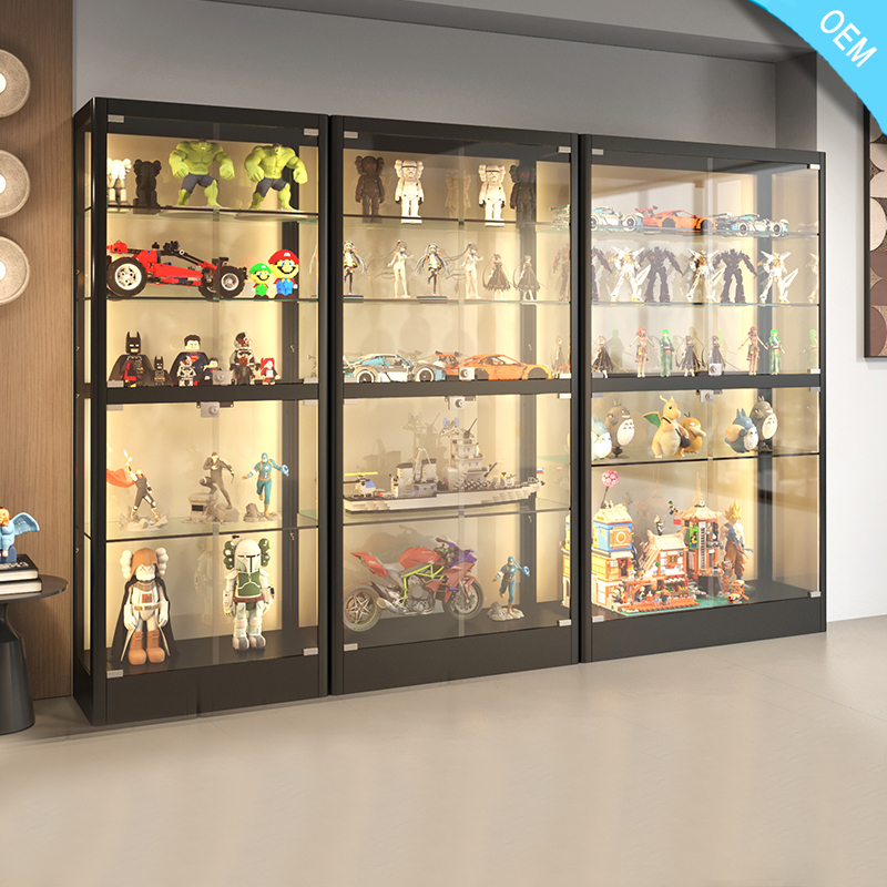 5-Tier Black Glass Display Cabinet with Doors 4-Shelf Bookcase for Collectibles Space-Saving Living Room Glass Storage Case