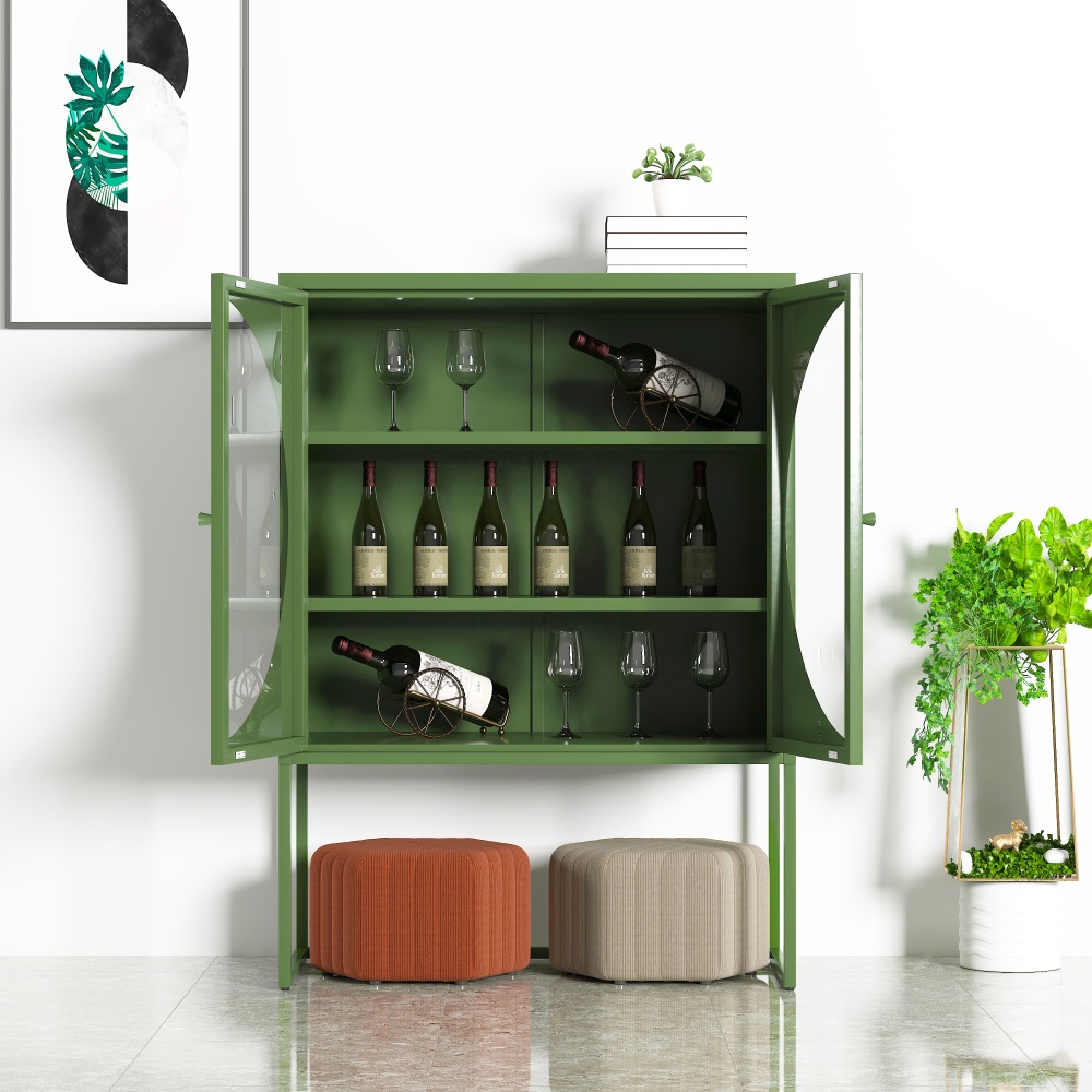 Freestanding Home Bar Liquor Storage Wine Cabinet Steel Flat Panel Door Space Saving Durable Large Capacity Living Room