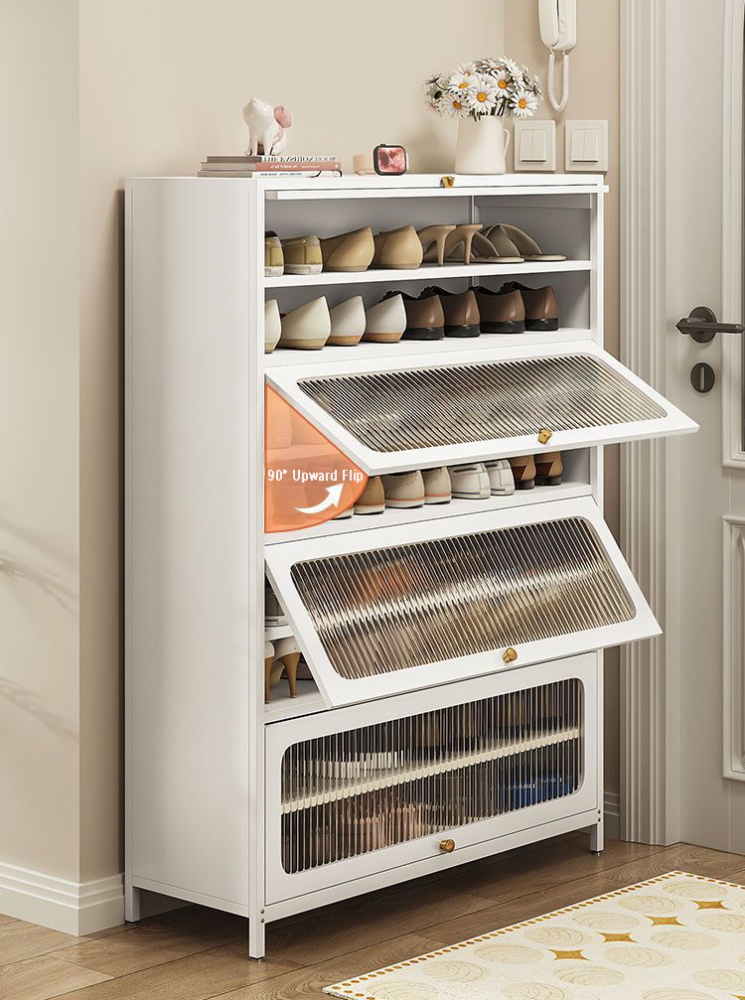 Durable 3 Tier Metal Shoe Storage Cabinet with Door Modern Design for Living Room & Workshop up to 11 Pair Capacity
