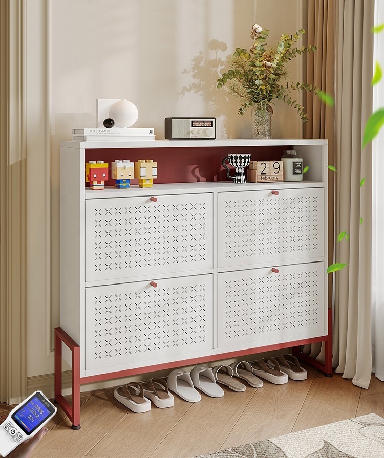 Modern Living Room Shoe Storage Cabinet 4 Flip Doors Freestanding Metal Legs Space-Saving Narrow Design Durable School