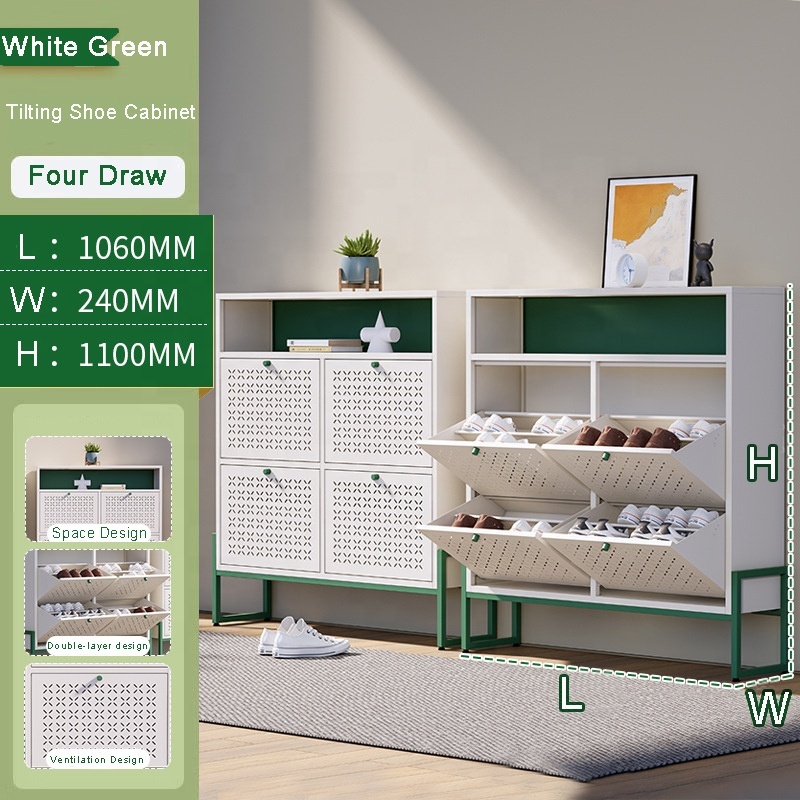 Modern Living Room Shoe Storage Cabinet 4 Flip Doors Freestanding Metal Legs Space-Saving Narrow Design Durable School