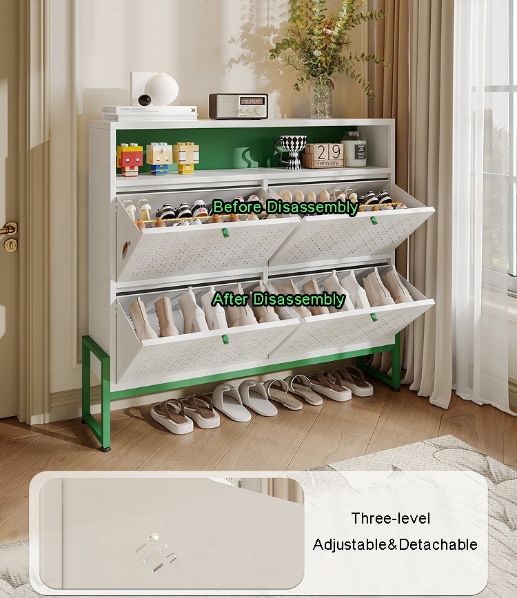 Modern Living Room Shoe Storage Cabinet 4 Flip Doors Freestanding Metal Legs Space-Saving Narrow Design Durable School