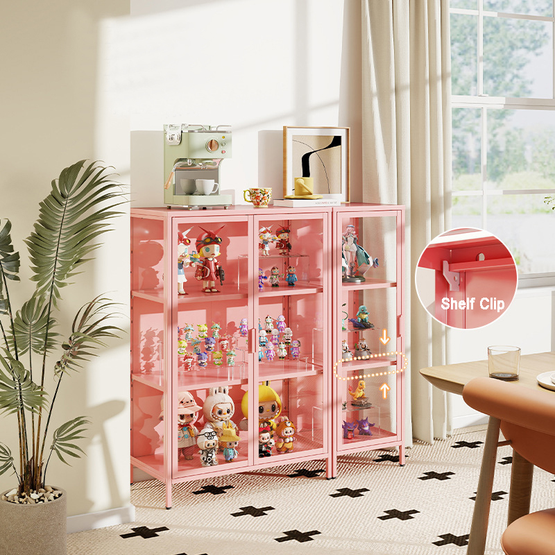 Modern Display Storage Cabinet Glass Door Metal Curio Cabinet 5 Adjustable Shelves HD Tempered Glass Living Room Display Case