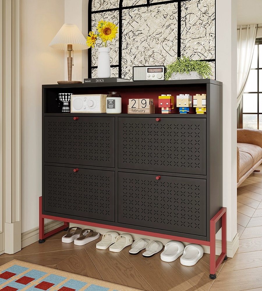 Modern Living Room Shoe Storage Cabinet 4 Flip Doors Freestanding Metal Legs Space-Saving Narrow Design Durable School