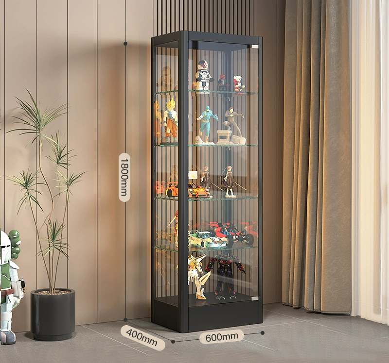 5-Tier Black Glass Display Cabinet with Doors 4-Shelf Bookcase for Collectibles Space-Saving Living Room Glass Storage Case