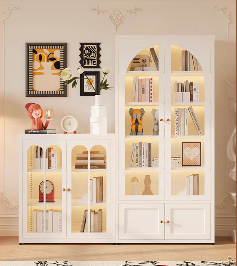 Modern Home Steel Wall-Mounted Living Room Bookcase,Luxury Glass Bookcase with Adjustable Shelves,Living Room Storage Bookshelf