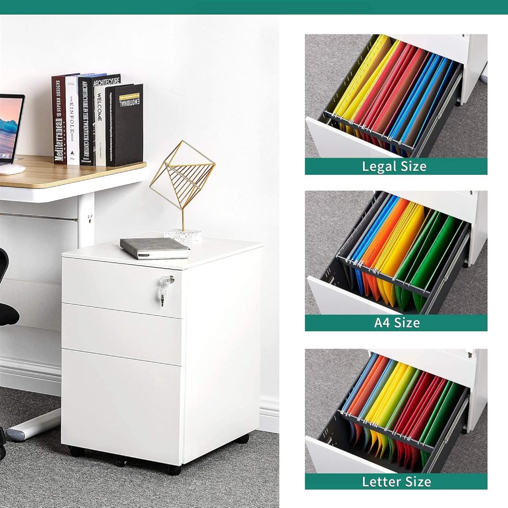Contemporary 3-Drawer Portable File Cabinet Pre-Built Office Storage with Keys Wheels Metal Steel Filing Office Drawers