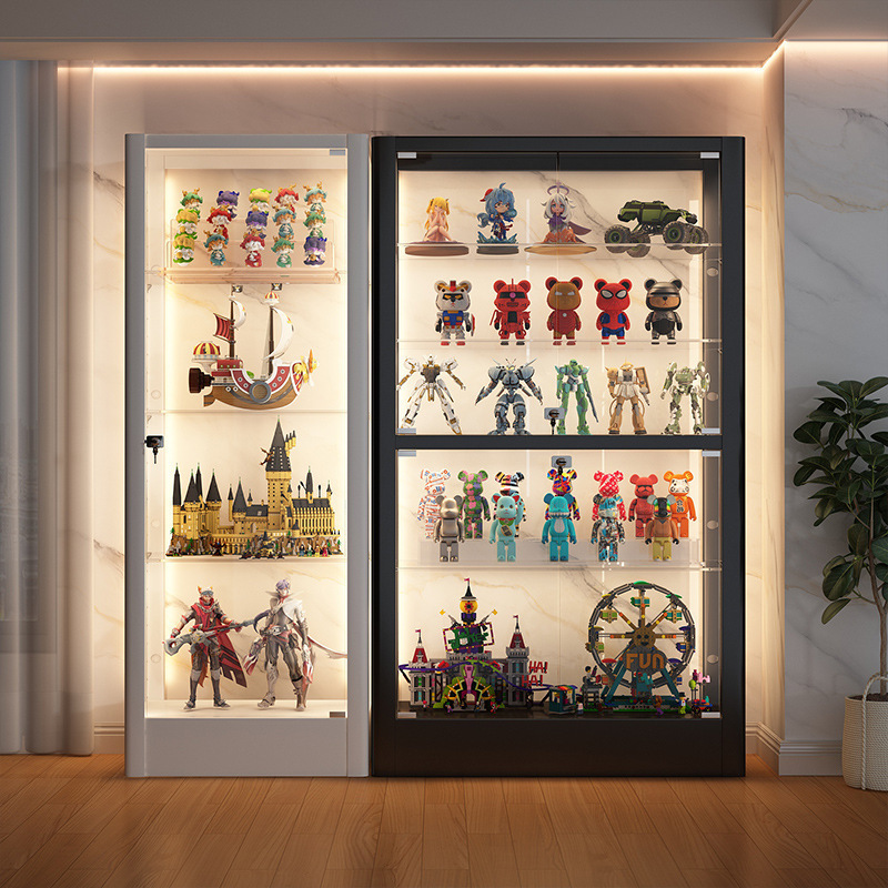 5-Tier Black Glass Display Cabinet with Doors 4-Shelf Bookcase for Collectibles Space-Saving Living Room Glass Storage Case