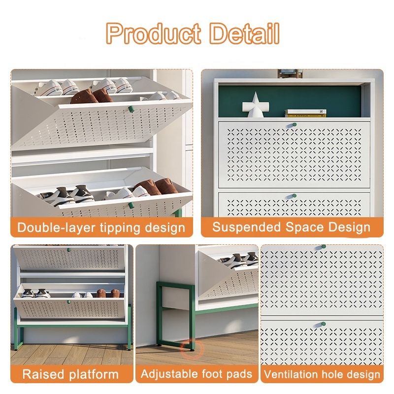Modern Living Room Shoe Storage Cabinet 4 Flip Doors Freestanding Metal Legs Space-Saving Narrow Design Durable School