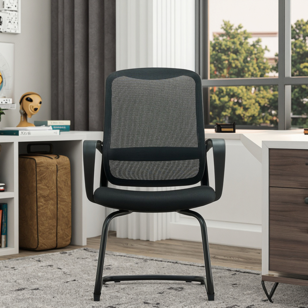 Low-Priced Black Bow Leg Ergonomic Mesh Chair Adjustable Armrests Modern Powder Coating Stacking for VIP Visitor Meeting Feature