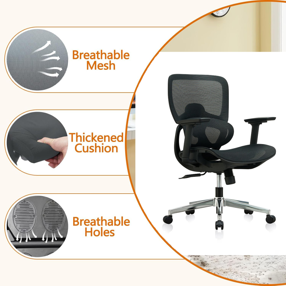 Ergonomic Modern Full Mesh Swivel Office Chair Adjustable Lumbar Support Memory Foam Adjustable Armrests Gliding Plastic