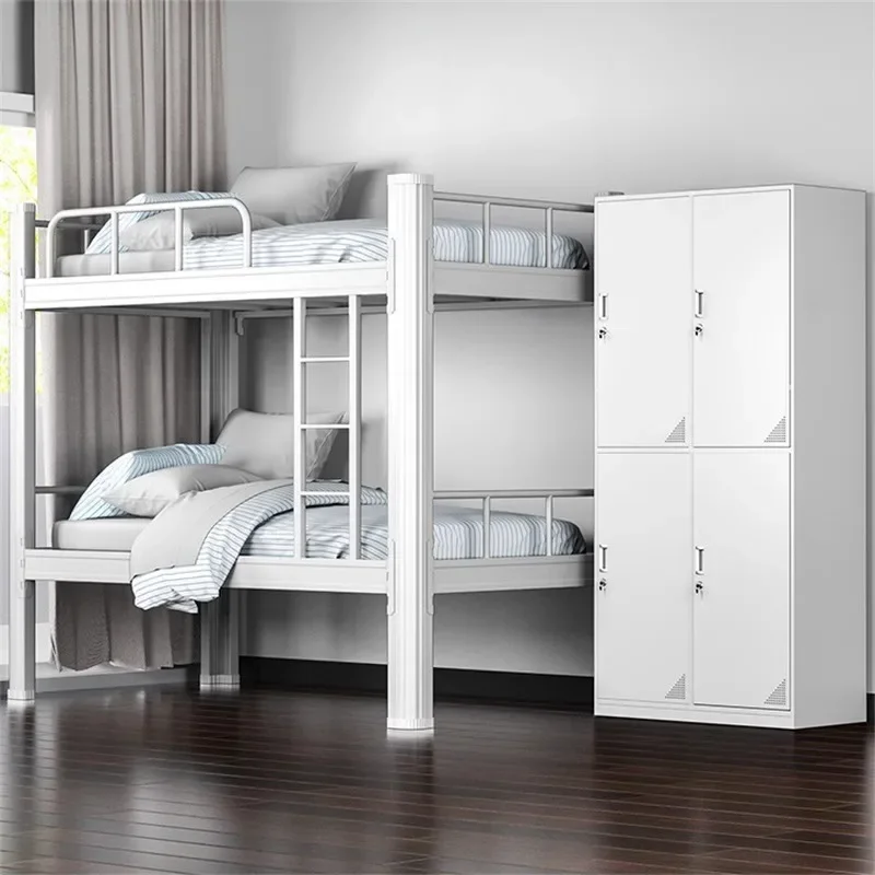 Modern Twin Over Twin Bunk Beds for Kids Teens Adults Flat Ladder & High Guardrail Metal Bed with Stairs for Hotels Dormitories