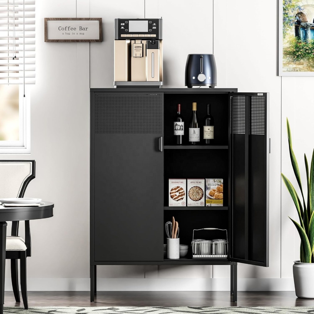 Black Steel 2-Tier Living Room Storage Cabinet Adjustable Shelves Modern Design Durable Cold Rolled Steel Construction Hotel