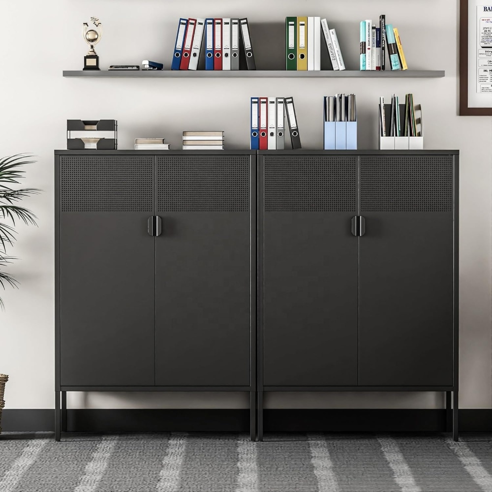 Black Steel 2-Tier Living Room Storage Cabinet Adjustable Shelves Modern Design Durable Cold Rolled Steel Construction Hotel