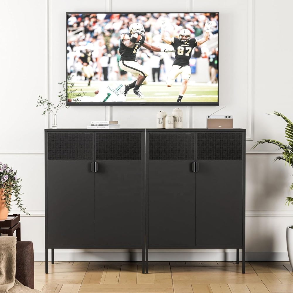 Black Steel 2-Tier Living Room Storage Cabinet Adjustable Shelves Modern Design Durable Cold Rolled Steel Construction Hotel