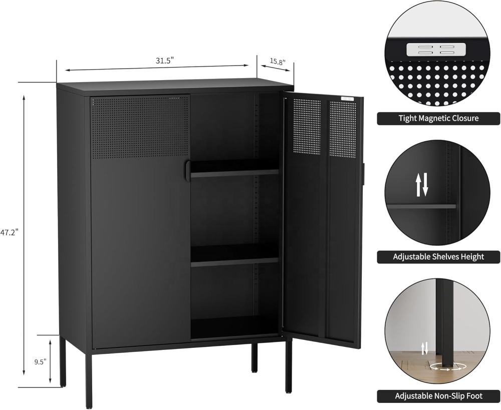 Black Steel 2-Tier Living Room Storage Cabinet Adjustable Shelves Modern Design Durable Cold Rolled Steel Construction Hotel