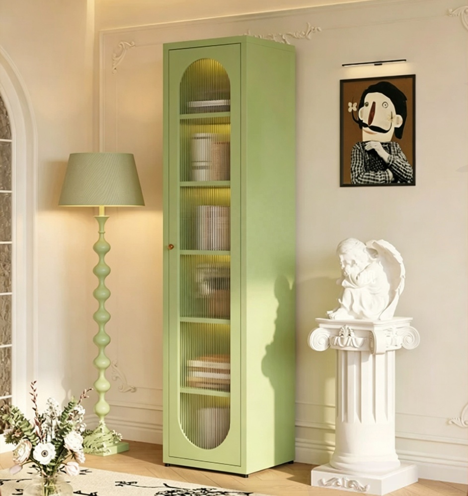 Modern Minimalist Accent White Metal Bedroom Storage Display Cabinet Soft-Close Glass Doors 6-Tier Shelves Living Room Furniture