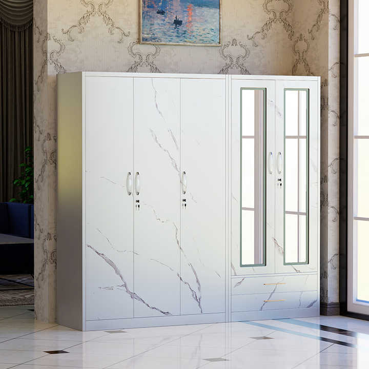 Modern 5-Door Metal Closet with Hanging Clothes and Mirror Steel Almirah Wardrobe with 2 Drawers for Living Room