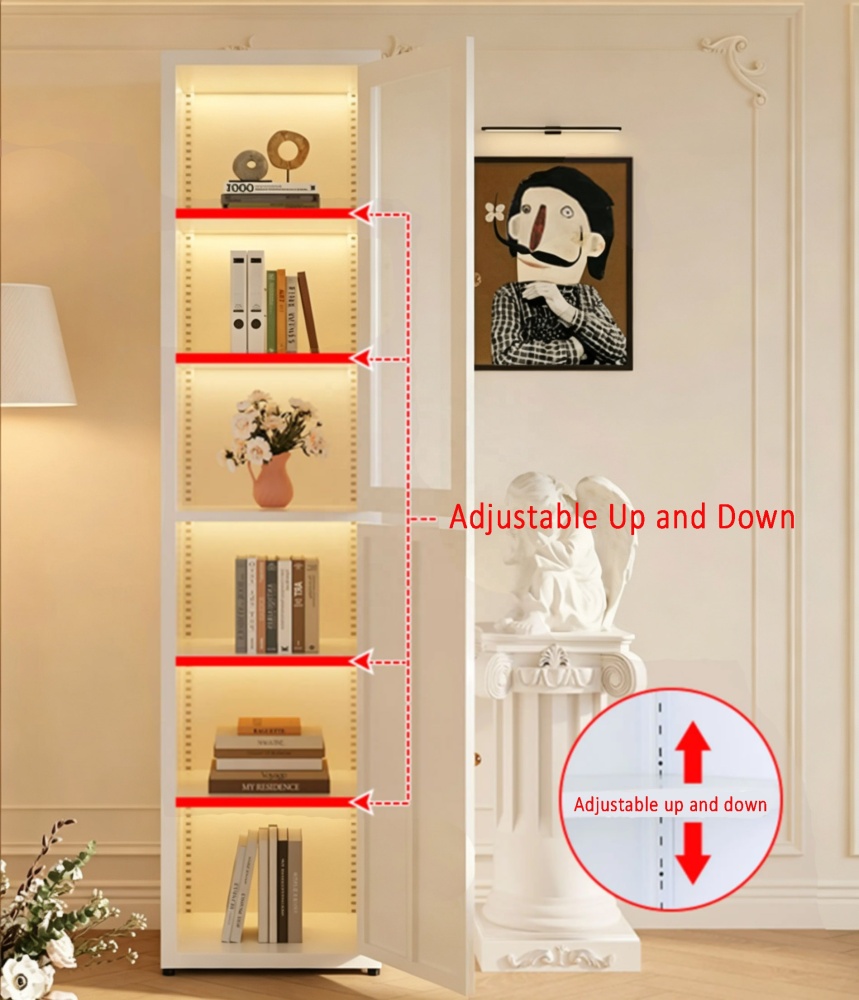 Modern Minimalist Accent White Metal Bedroom Storage Display Cabinet Soft-Close Glass Doors 6-Tier Shelves Living Room Furniture