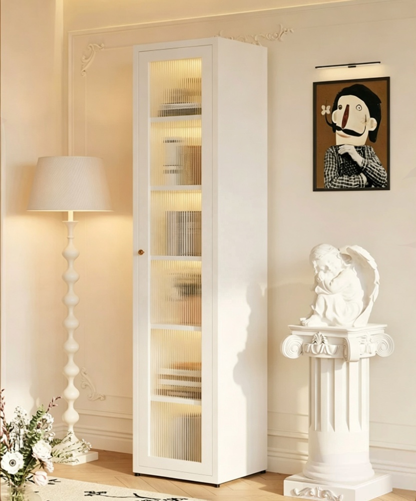 Modern Minimalist Accent White Metal Bedroom Storage Display Cabinet Soft-Close Glass Doors 6-Tier Shelves Living Room Furniture