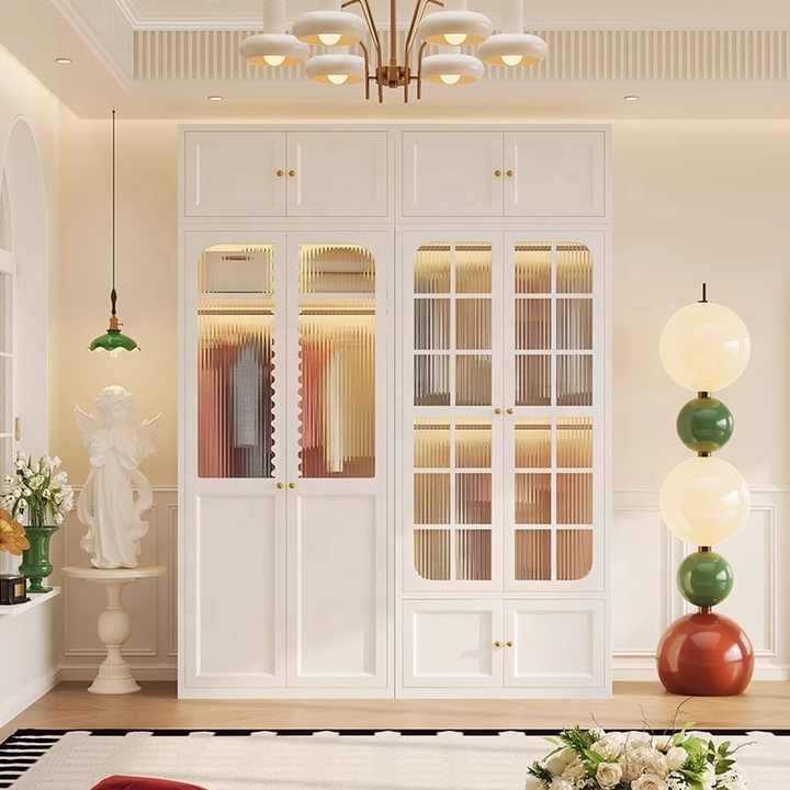 Modern Steel Bedroom Wardrobe Closet with Adjustable Shelves Gold Handles Hanging Rods and Freestanding Design
