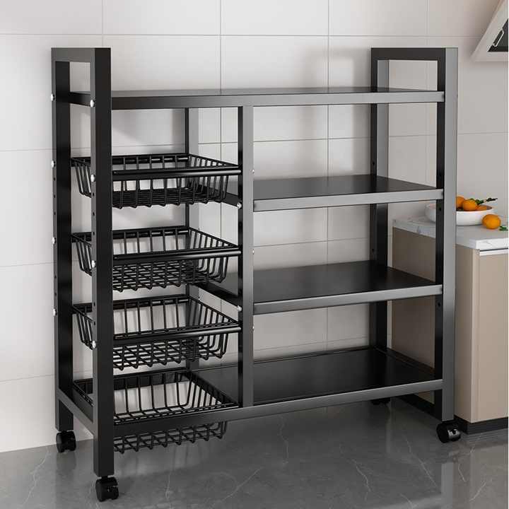 Modern Durable Multifunctional Kitchen Storage Rack Air Fryer Stand with Steel Mesh Baskets 4-Tier Metal Shelves Cart Wheels
