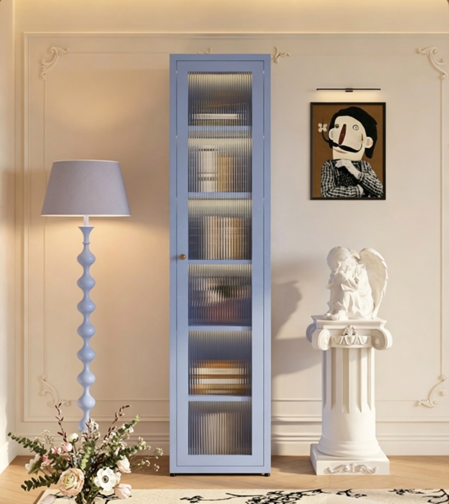 Modern Minimalist Accent White Metal Bedroom Storage Display Cabinet Soft-Close Glass Doors 6-Tier Shelves Living Room Furniture