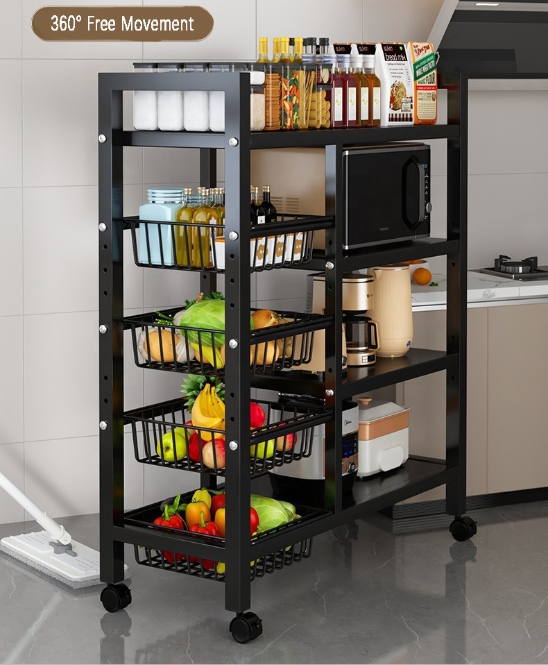 Modern Durable Multifunctional Kitchen Storage Rack Air Fryer Stand with Steel Mesh Baskets 4-Tier Metal Shelves Cart Wheels