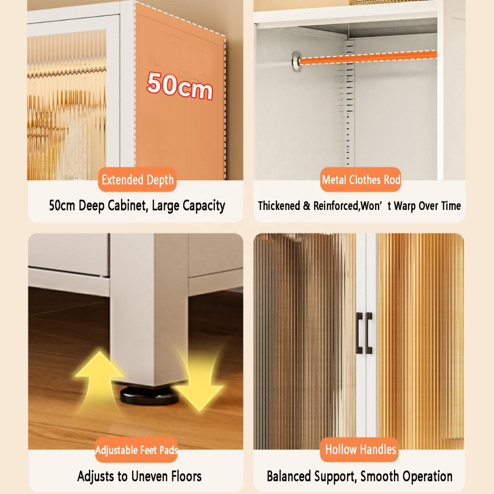 Freestanding Steel Armoire Wardrobe Cabinet with Hanging Rod Modern Design for Bedroom and Living Room Storage