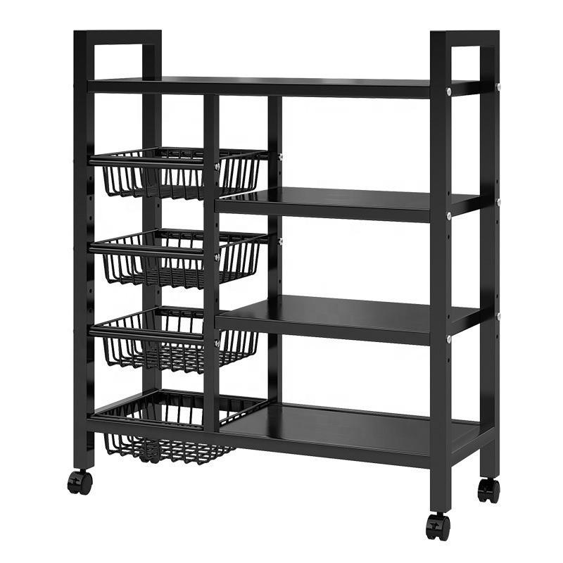 Modern Durable Multifunctional Kitchen Storage Rack Air Fryer Stand with Steel Mesh Baskets 4-Tier Metal Shelves Cart Wheels