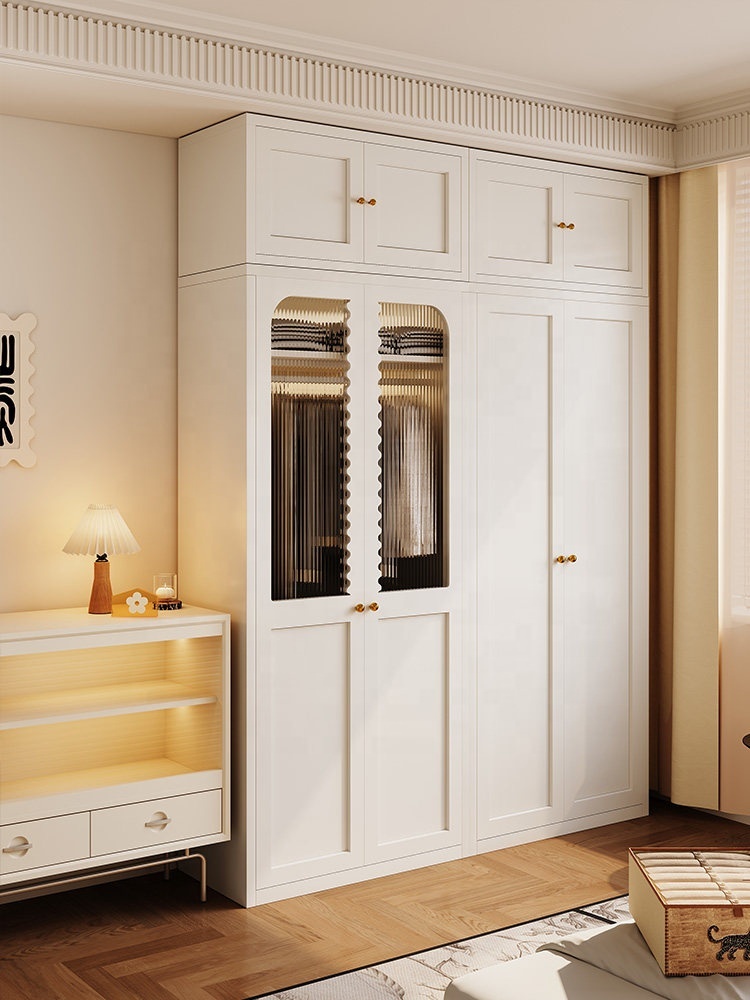 Modern Steel Bedroom Wardrobe Closet with Adjustable Shelves Gold Handles Hanging Rods and Freestanding Design