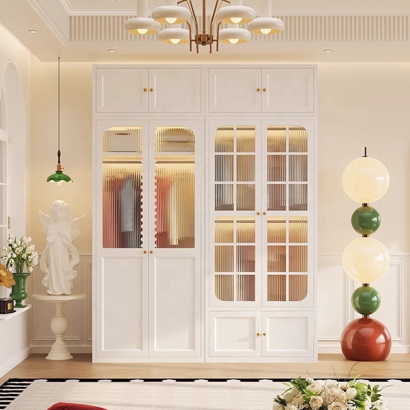 Modern Steel Bedroom Wardrobe Closet with Adjustable Shelves Gold Handles Hanging Rods and Freestanding Design