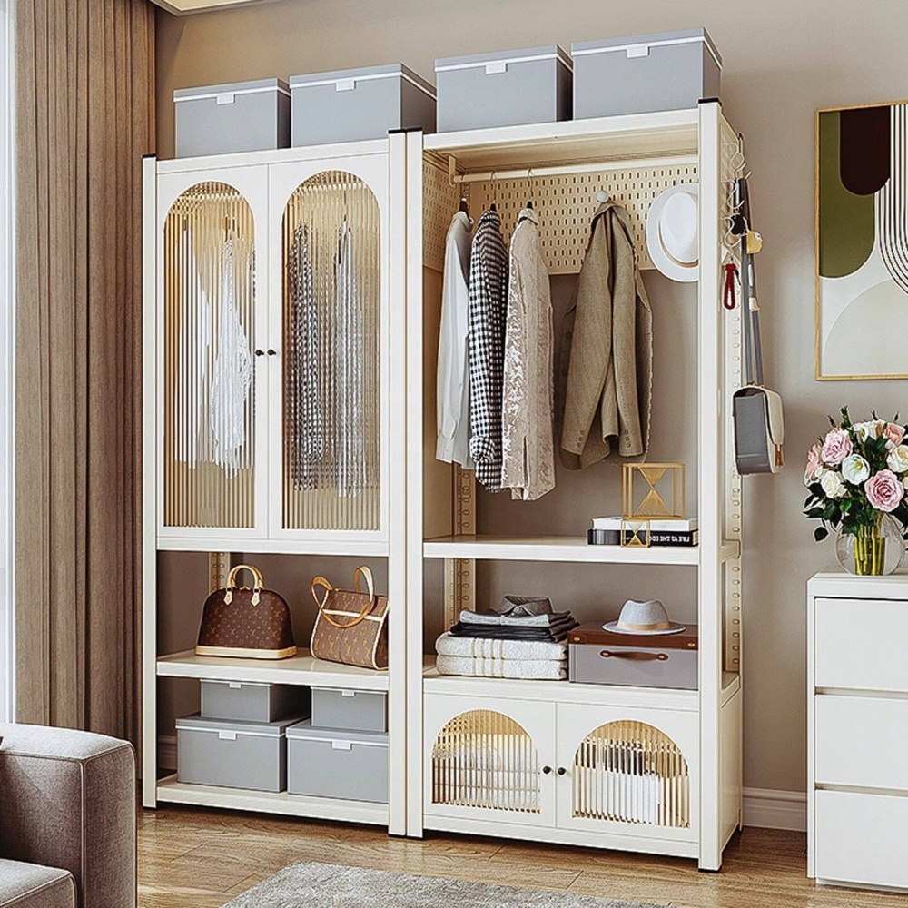 Steel Wardrobe Closet with 4-Tier Adjustable Shelves Freestanding Hanging Rods Modern Design for Bedroom Storage