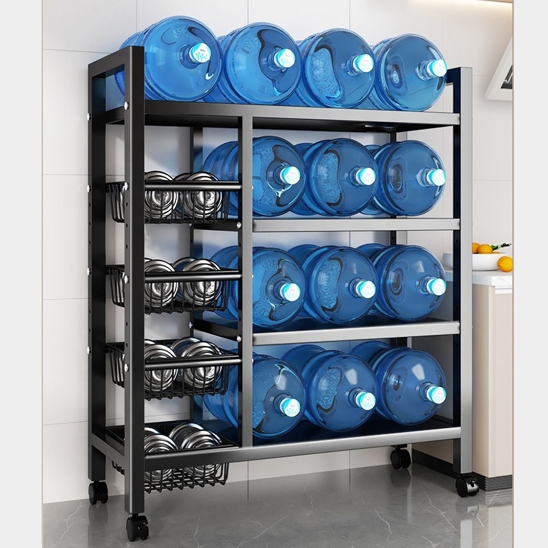 Modern Durable Multifunctional Kitchen Storage Rack Air Fryer Stand with Steel Mesh Baskets 4-Tier Metal Shelves Cart Wheels