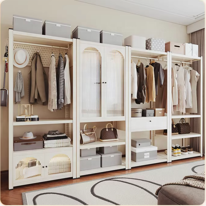Steel Wardrobe Closet with 4-Tier Adjustable Shelves Freestanding Hanging Rods Modern Design for Bedroom Storage