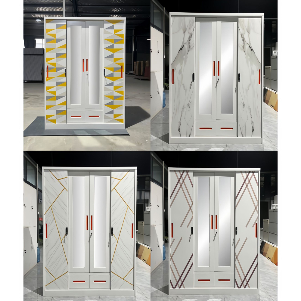 Modern 5-Door Metal Closet with Hanging Clothes and Mirror Steel Almirah Wardrobe with 2 Drawers for Living Room