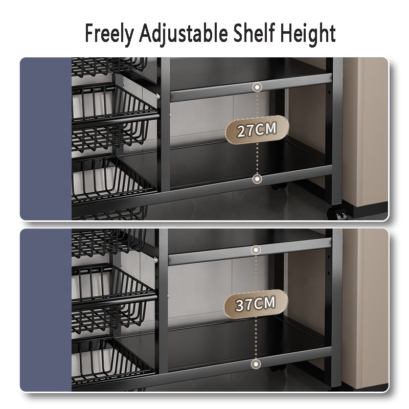 Modern Durable Multifunctional Kitchen Storage Rack Air Fryer Stand with Steel Mesh Baskets 4-Tier Metal Shelves Cart Wheels
