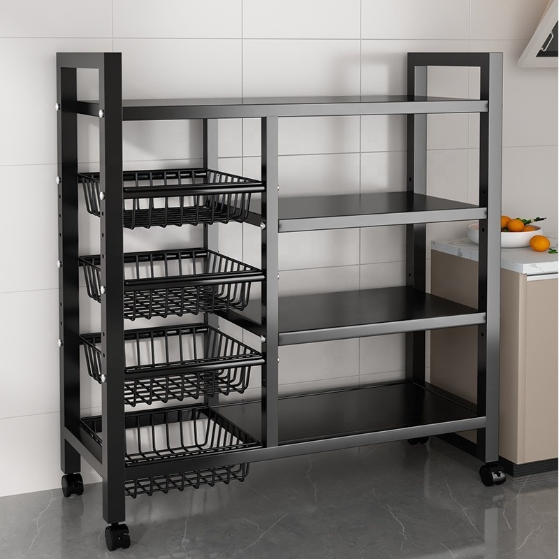 Modern Durable Multifunctional Kitchen Storage Rack Air Fryer Stand with Steel Mesh Baskets 4-Tier Metal Shelves Cart Wheels