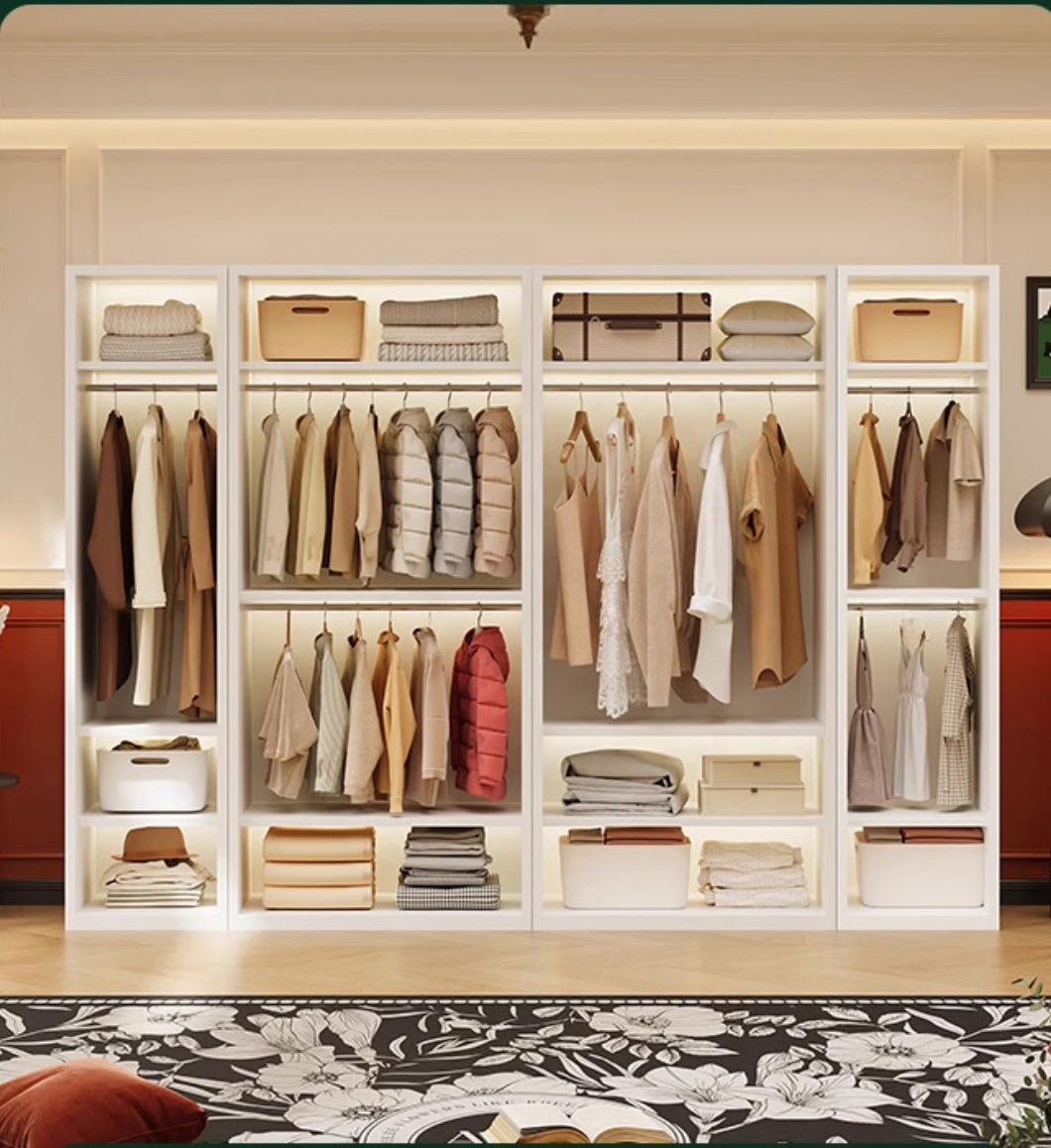 Modern Steel Bedroom Wardrobe Closet with Adjustable Shelves Gold Handles Hanging Rods and Freestanding Design