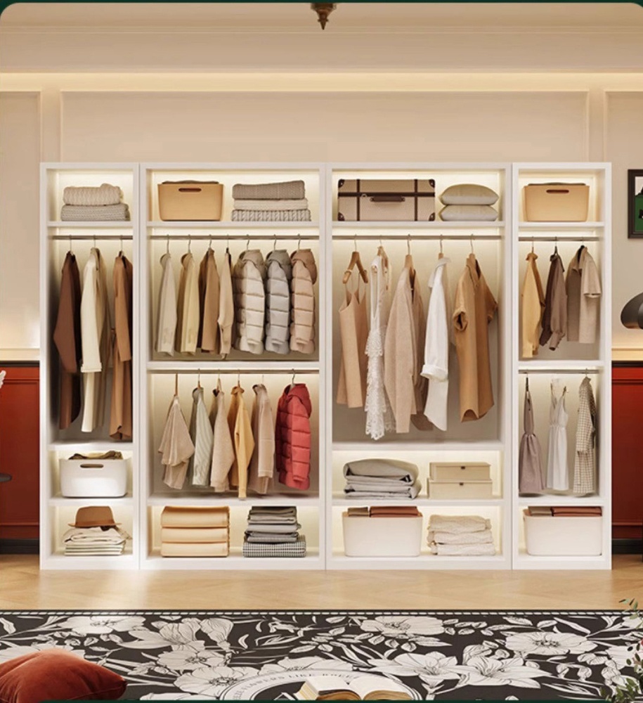 Modern Steel Bedroom Wardrobe Closet with Adjustable Shelves Gold Handles Hanging Rods and Freestanding Design