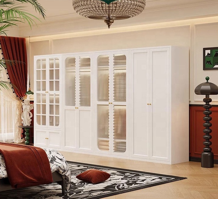 Modern Steel Bedroom Wardrobe Closet with Adjustable Shelves Gold Handles Hanging Rods and Freestanding Design