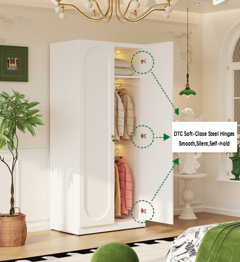 Steel White Wardrobe Closet 2 Doors Modern Freestanding Bedroom Armoire with Adjustable Storage Durable Hotel Use