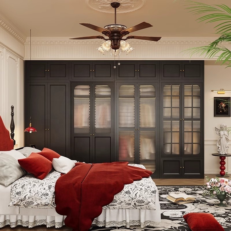 Modern Steel Bedroom Wardrobe Closet with Adjustable Shelves Gold Handles Hanging Rods and Freestanding Design